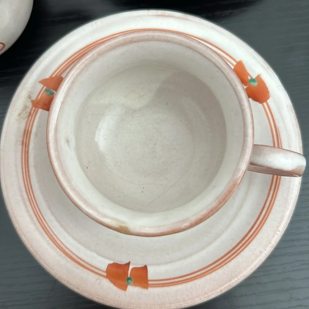 Rare Tachikichi Japanese Pottery Cup & Saucer Set of 5 Vintage In Box